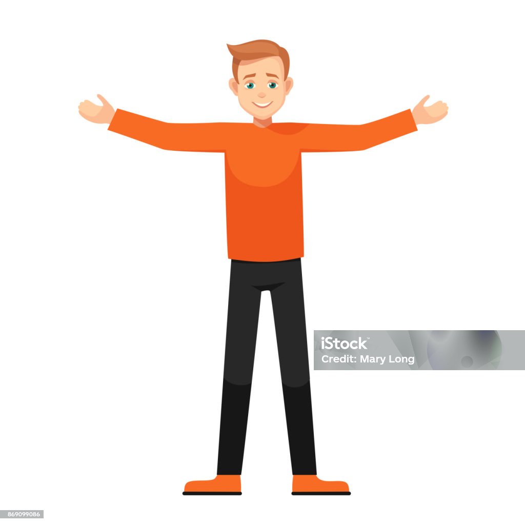 Vector cartoon boy with open arms isolated from background boy with open arms.character in various poses: wide-open arms, welcoming posture, demonstrates something. vector illustration with isolated object. Arms Outstretched stock vector