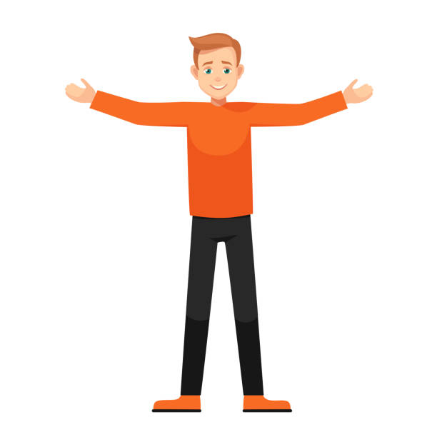 Vector cartoon boy with open arms isolated from background boy with open arms.character in various poses: wide-open arms, welcoming posture, demonstrates something. vector illustration with isolated object. arms outstretched stock illustrations
