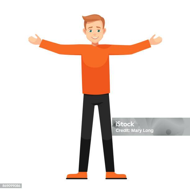 Vector Cartoon Boy With Open Arms Isolated From Background Stock Illustration - Download Image Now