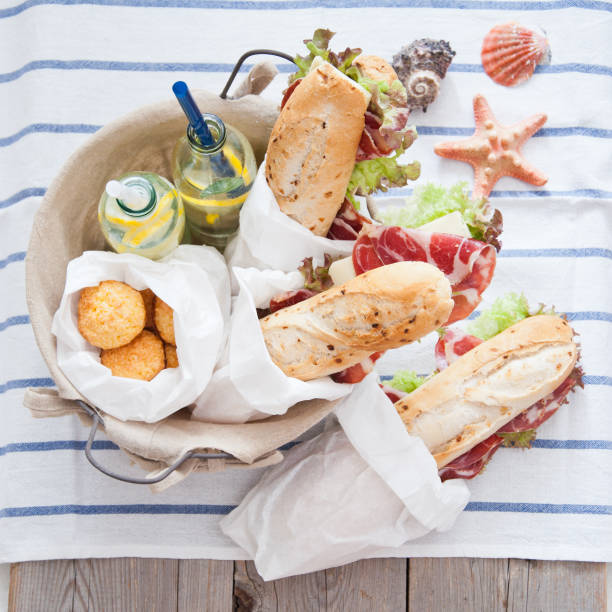 istock Picnic ham sandwiches and lemonade in a basket 869102196