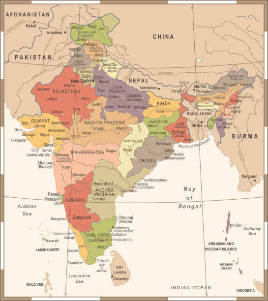 ilustraciones, imágenes clip art, dibujos animados e iconos de stock de mapa de india - ilustración de vector vintage - india map cartography sri lanka