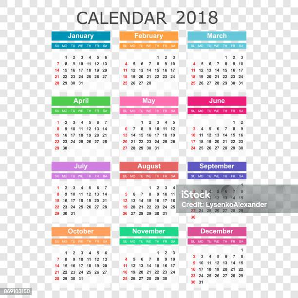 Calendar 2018 Year In Simple Style Calendar Planner Design Template Week Starts On Sunday Business Vector Illustration Stock Illustration - Download Image Now