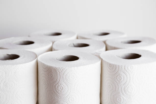 istock White toilet paper rolls on the gray background. Hygiene concept. 869105536