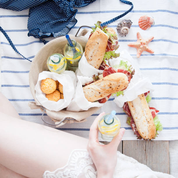 Picnic ham sandwiches and lemonade in a basket