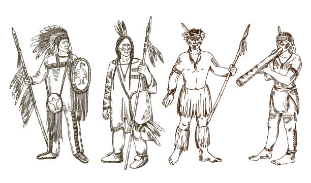 Indian, vector hand drawing Native American, vector hand drawing native american headdress tattoos silhouette stock illustrations