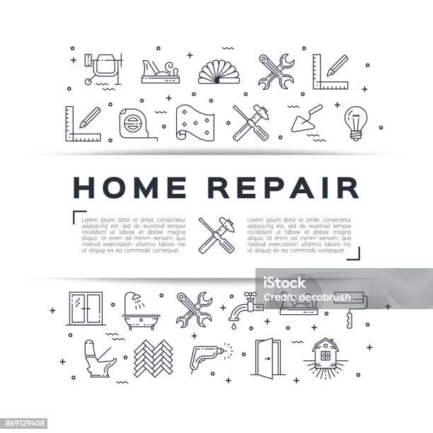 Home Repair Flyer Construction Poster House Remodel Thin Line Art Icons Vector Stock Illustration - Download Image Now