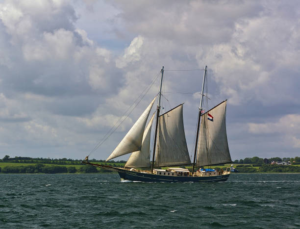 Baltic Sea, Denmark - July 1st, 2012 - Dutch sailing ship ""Catharina"" with green shore in the background Baltic Sea, Denmark - July 1st, 2012 - Dutch sailing ship "Catharina" with green shore in the background gaff sails stock pictures, royalty-free photos & images