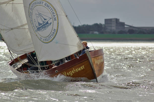 Bremerhaven, Germany - September 8th, 2012 - Classic sailing yacht ""Vegefeuer"" on the river Weser Bremerhaven, Germany - September 8th, 2012 - Classic sailing yacht "Vegefeuer" on the river Weser gaff sails stock pictures, royalty-free photos & images