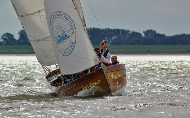 Bremerhaven, Germany - September 8th, 2012 - Classic sailing yacht ""Vegefeuer"" on the river Weser Bremerhaven, Germany - September 8th, 2012 - Classic sailing yacht "Vegefeuer" on the river Weser gaff rigged stock pictures, royalty-free photos & images
