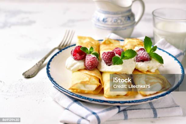 Crepes Stuffed With Ricotta Stock Photo - Download Image Now - Crêpe - Pancake, Pancake, Cream - Dairy Product