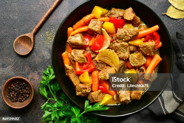 Meat Stewed With Vegetables Stock Photo - Download Image Now - Flat - Physical Description, Autumn, Winter