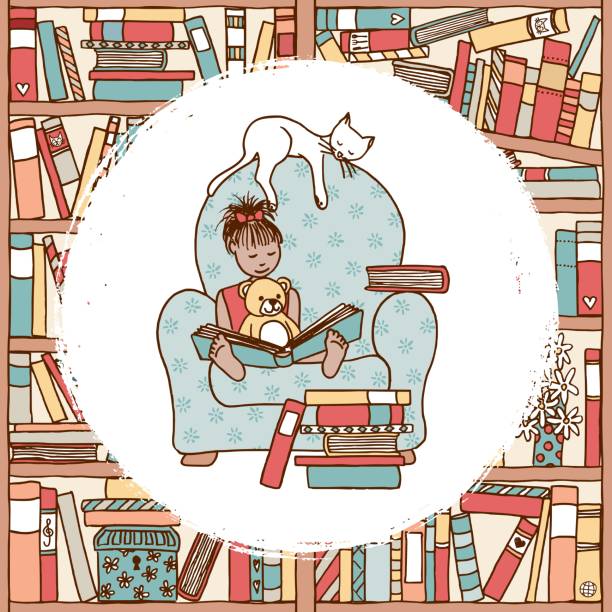 ilustrações, clipart, desenhos animados e ícones de menina na poltrona lendo livro - picture book library preschool bookshelf