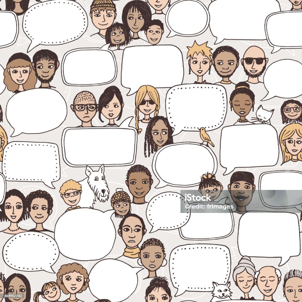 Doodle faces with empty speech bubbles Hand drawn pattern with cute doodle faces and empty speech bubbles People stock vector