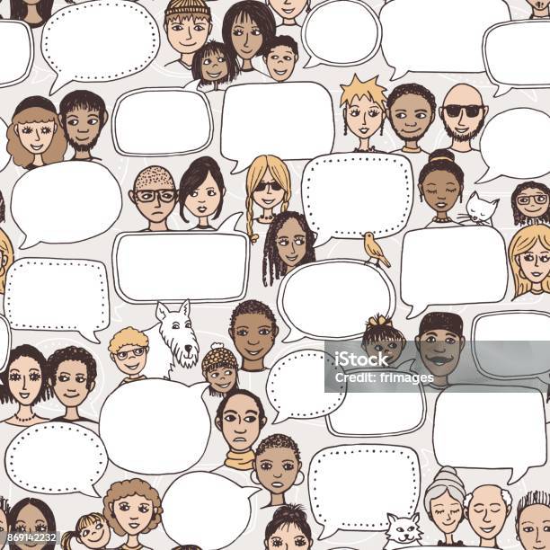 Doodle Faces With Empty Speech Bubbles Stock Illustration - Download Image Now - People, Cartoon, Discussion