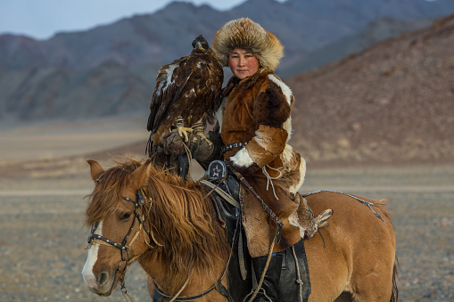 Kazakh woman Eagle Hunter traditional clothing, while hunting to the hare holding a golden eagle on his arm in desert mountain of Western Mongolia.