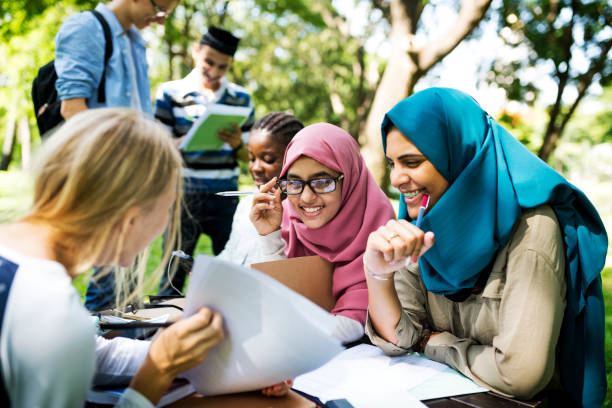 Diverse children studying outdoor