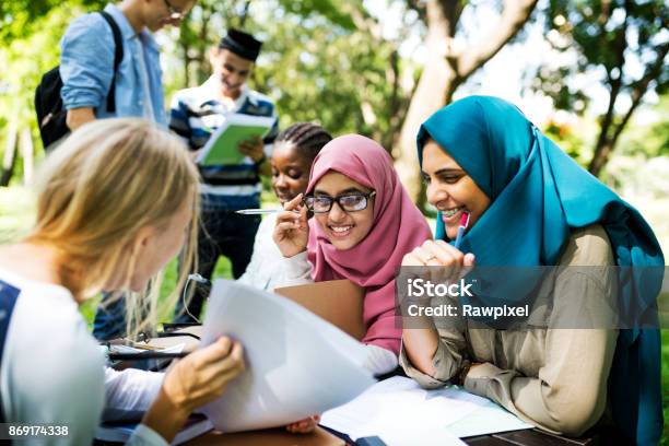 Diverse Children Studying Outdoor Stock Photo - Download Image Now - Student, Teenager, Multiracial Group