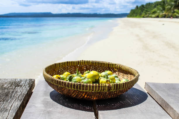 Eggplants in a bowl with tropical background