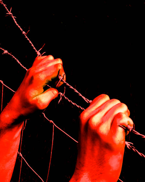 istock Artistic bloody hands grasping desperately barbed wire 869184152