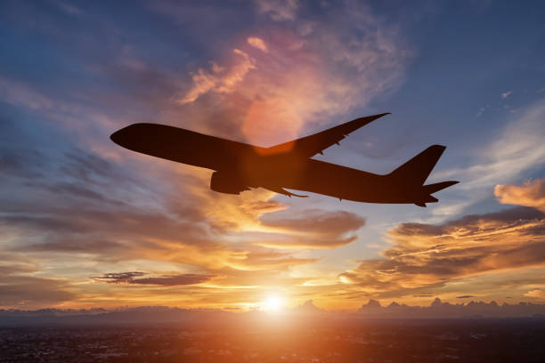 istock The silhouette of a passenger plane flying in sunset. 869185850