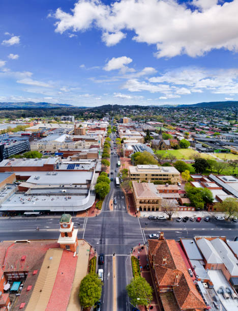 D Albury Vertical panorama Aerial overhead view along Dean street in rural regional town of New South Wales - Albury. A town at NSW-Victoria border along Hume highway. traditionally australian stock pictures, royalty-free photos & images