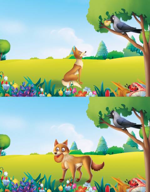 crow and the clever fox vector art illustration