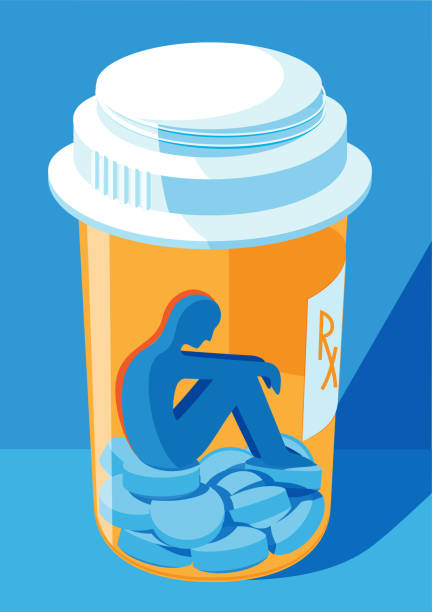 illustrations, cliparts, dessins animés et icônes de une personne bloquée à l’intérieur d’une bouteille de pilules - notion de prescription drug addiction - narcotic prescription medicine pill bottle medicine