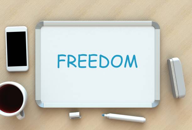 istock Freedom, message on whiteboard, smart phone and coffee on table, 3D rendering 869205838
