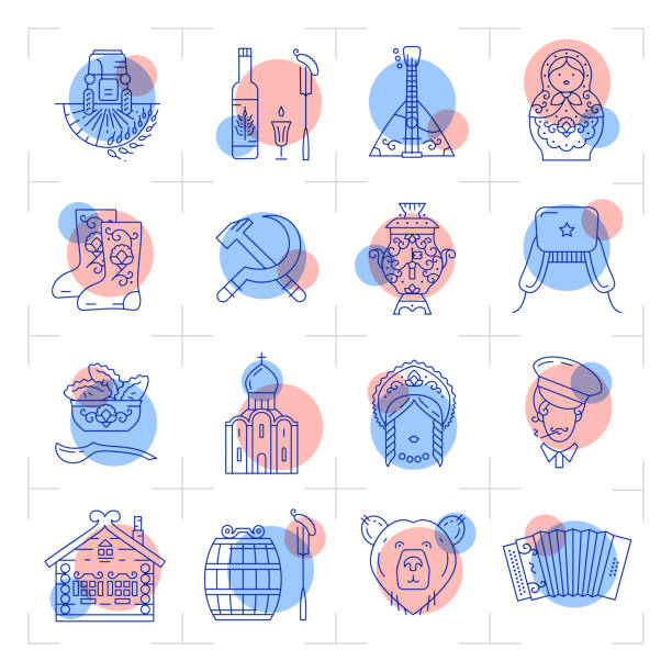 Modern Russian line icons, Traveling in Russia in ultra-trendy style. Vector Modern Russian line icons, Traveling in Russia in ultra-trendy style. Vector flat illustration ursus tractor stock illustrations