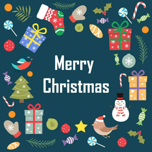фраза с рождеством христовым на синем фоне с декорами - bird christmas holly christmas stocking stock illustrations