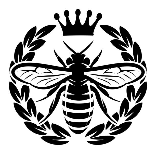 wektorowy monochromatyczny wzór z latającą pszczółką i koroną. - queen bee stock illustrations