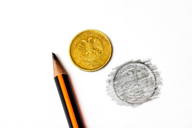 ten Russian rubles drawn in pencil on a white natural background
