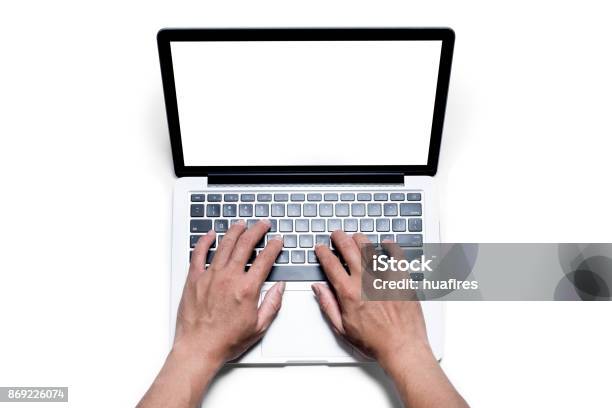 Top View Males Hand Working By Using And Typing On White Laptop With Blank White Screen Isolated On White Background With Clipping Path Stock Photo - Download Image Now