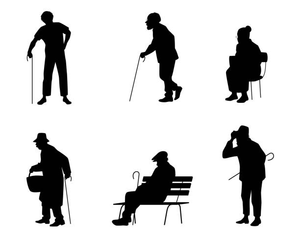 ilustrações de stock, clip art, desenhos animados e ícones de six silhouettes of older people - old cane isolated on white white background