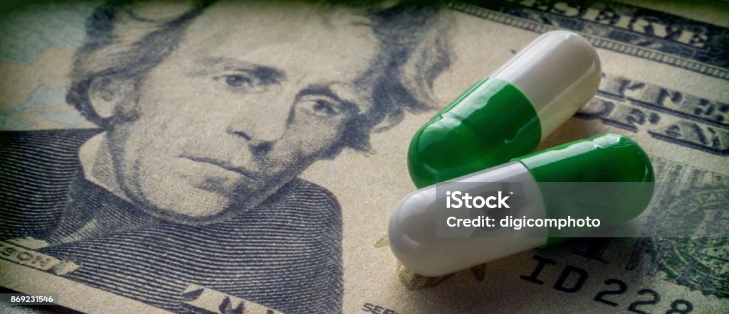 capsules up ticket dollar, concept of health copay Large Stock Photo