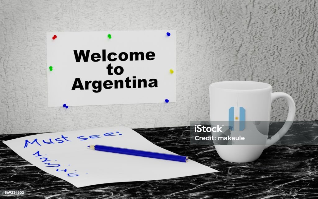 Welcome to Argentina Big mug and label on the wall with text Welcome to Argentina. 3D rendering. Argentina Stock Photo