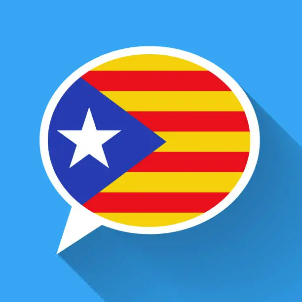 Vector illustration of White speech bubble with Catalonia flag and long shadow on blue background. Catalan language conceptual illustration