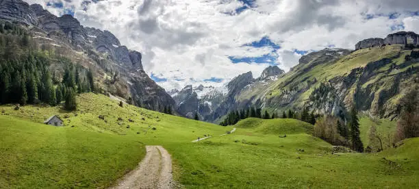 Seealpsee, Switzerland - May 2017: Seealpsee landscape in the Swiss Alps
