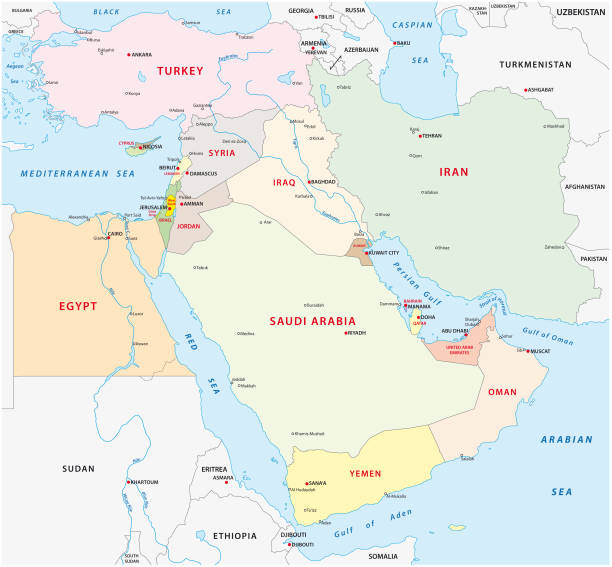 ilustrações de stock, clip art, desenhos animados e ícones de near east map - iran vector saudi arabia kuwait