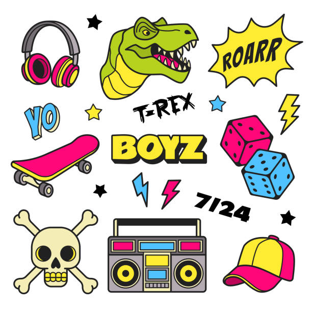 Boys patches collection. Vector illustration of colorful badges and symbols for boys, such as T Rex, headphones, dice, skateboard, cap and boom box. Isolated on white. skateboard tattoo stock illustrations