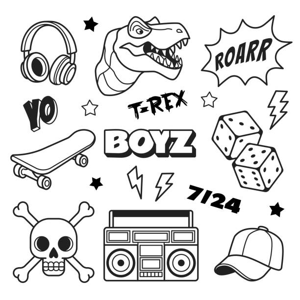 Boys patches collection. Vector illustration of outline icons for boys, such as T Rex, headphones, dice, skateboard, cap and boom box. Isolated on white. skateboard tattoo stock illustrations