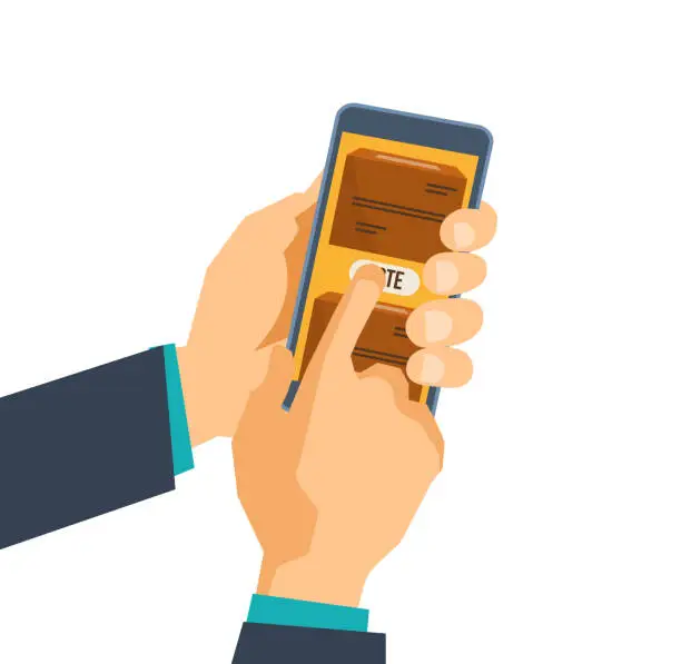 Vector illustration of Hand holds phone with application for voting