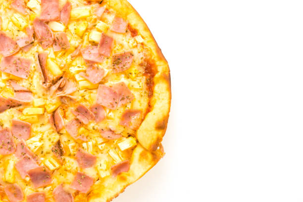 Hawaiian pizza on wooden tray isolated with white background