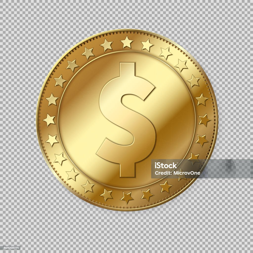 Realistic 3d gold dollar coin isolated Realistic 3d gold dollar coin isolated on transparent background. Vector illustration Coin stock vector