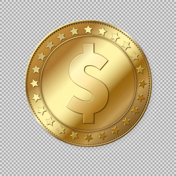 Realistic 3d gold dollar coin isolated Realistic 3d gold dollar coin isolated on transparent background. Vector illustration bank financial building clipart stock illustrations