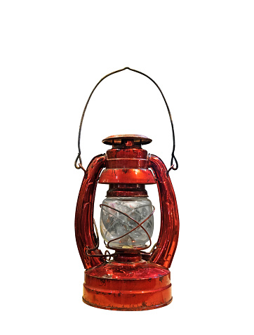 Beautiful Antique Red Kerosene Lantern Isolated on White Background, Clipping Path