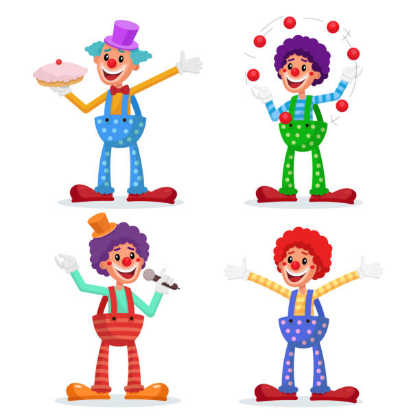 Circus Clowns Set Vector. Performance For Hilarious Laughing People. Amazing Public Circus Show. Man Juggling Balls. Isolated On White Cartoon Character Illustration Circus Clowns Set Vector. Performance For Hilarious Laughing People. Amazing Public Circus Show. Man Juggling Balls. Isolated On White Cartoon Character cartoon joker stock illustrations