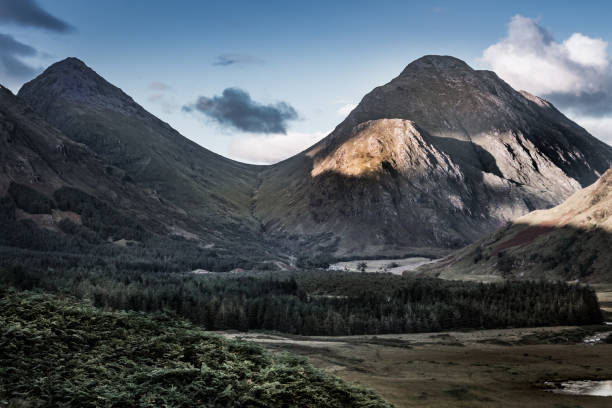 Shadows fall in Glen Etive over Stob na Broige Sunset in the Glen Etive. etive river photos stock pictures, royalty-free photos & images