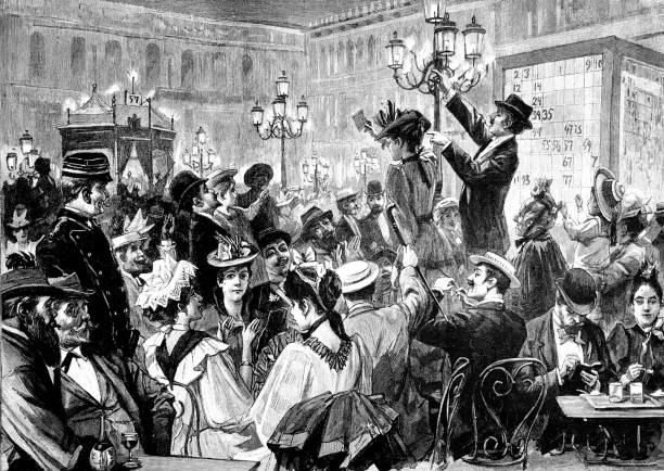 Many people in a restaurant during a lottery game Illustration from 19th century 1895 stock illustrations