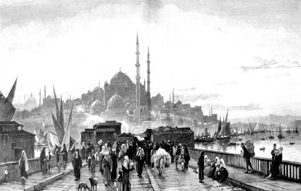 View of a bridge and people on it - the hagia shopia in background, Istanbul Illustration from 19th century 1895 stock illustrations